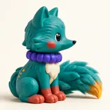A modelling-clay fox sitting down, wearing a collar, its tail stretched out.