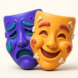 The two theatre masks in modelling clay: the laughing one and the crying one.