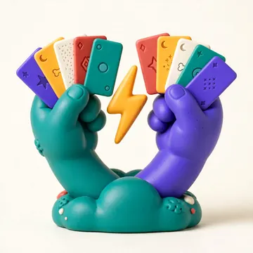 Two modelling-clay hands showing their cards, facing each other.