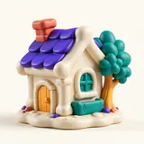 A small modelling-clay house with a purple roof and a tree beside it.