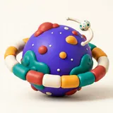 A purple modelling-clay planet with its rings and a small moon beside it.