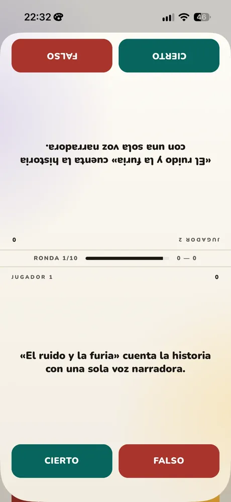 The Fact duel: the screen split into two halves, one for each person, with the same statement upside down on one side and true and false buttons on both.