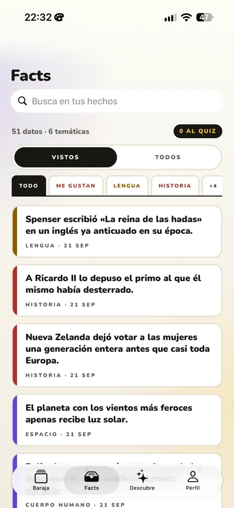 The Facts tab: the search box, the count of facts and topics, the topic filters and the list of what you have read, each row with a rule in the colour of its topic.