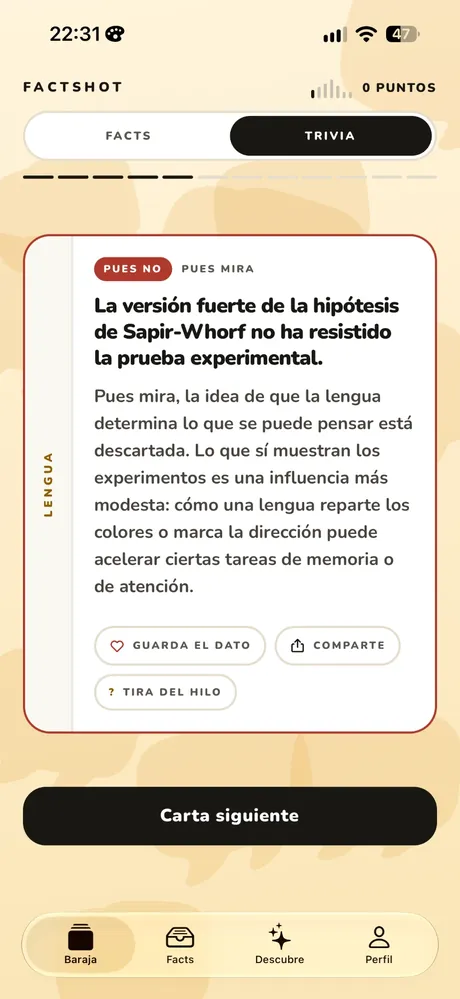 Trivia mode with the card already resolved: the tag that says whether you got it right, the true-or-false statement and the explanation below it, with the buttons to save the fact and share it.